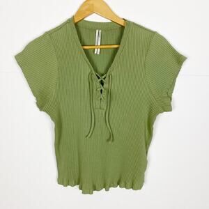 By Anthropologie Lace-Up Baby Tee Green Ribbed Size 1X